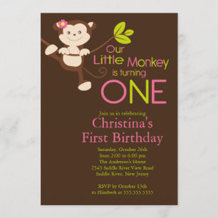Cute Modern Monkey 1st Birthday Party Invitations