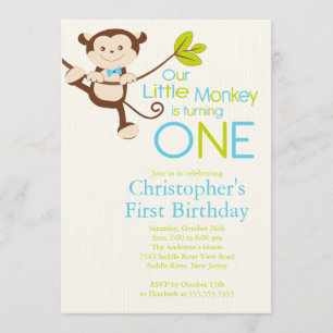 Cute Modern Monkey 1st Birthday Party Invitations