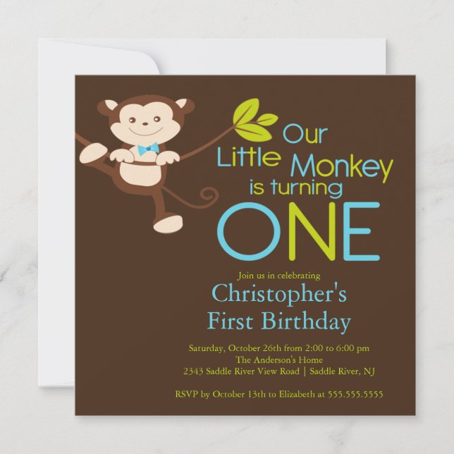 Cute Modern Monkey 1st Birthday Party Invitations (Front)