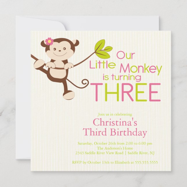 Cute Modern Monkey 3rd Birthday Party Invitations (Front)