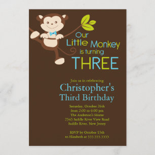 Cute Modern Monkey 3rd Birthday Party Invitations