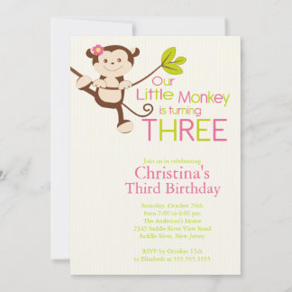 Cute Modern Monkey 3rd Birthday Party Invitations