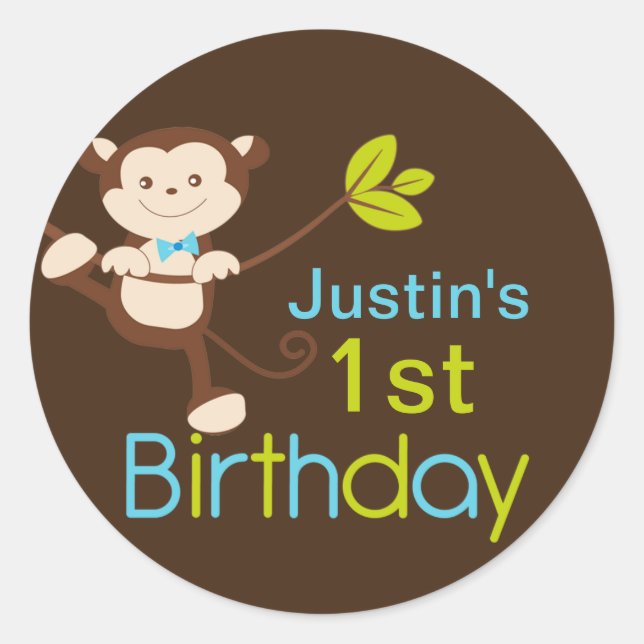 Cute Modern Monkey Birthday Party Stickers (Front)