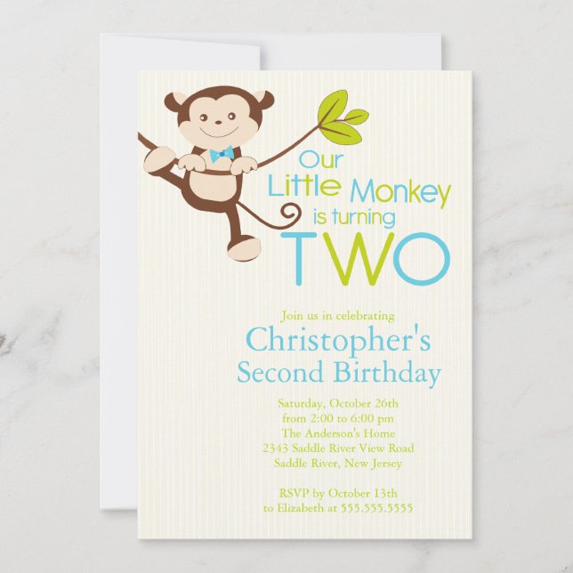 Cute Modern Monkey Invitations à la fête du 2e ann (Devant)