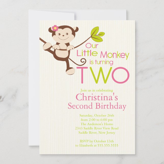 Cute Modern Monkey Invitations à la fête du 2e ann (Devant)