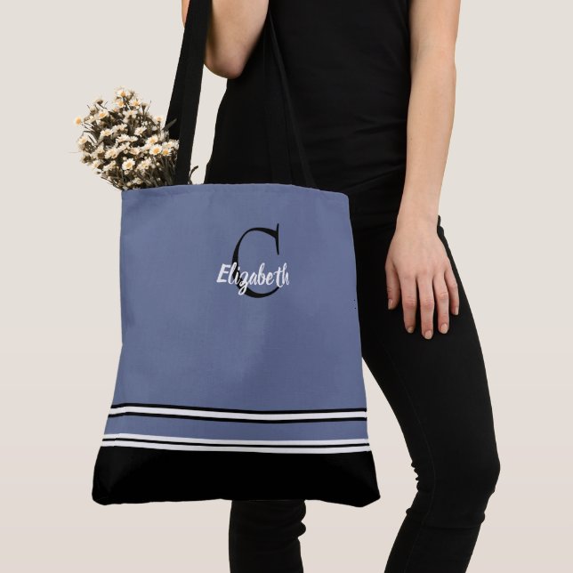 Cute Modern Monogram Name Inital Black Blue Tote Bag (Close Up)
