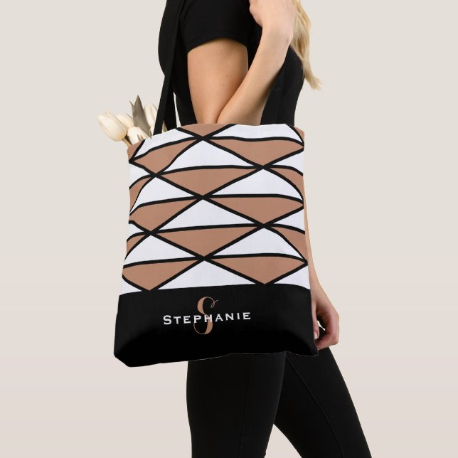 Cute Modern Monogram Pattern Trendy Orange Black Tote Bag (Close Up)