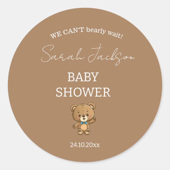 Cute Modern Neutral Teddy Bear Baby Shower Classic Round Sticker (Front)