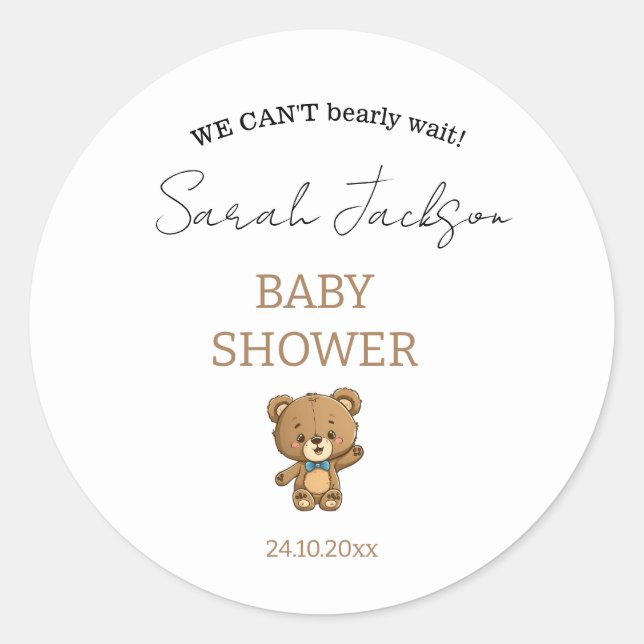 Cute Modern Neutral White Teddy Bear Baby Shower Classic Round Sticker (Front)