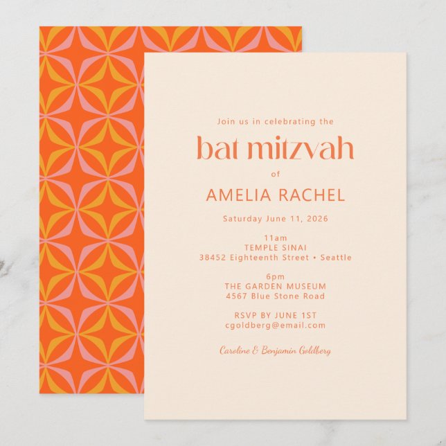 Cute Modern Orange Retro Typography Bat Mitzvah Invitation (Front/Back)