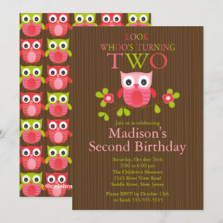 Cute Modern Owl 2nd Birthday Party Invitations