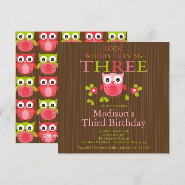 Cute Modern Owl 3rd Birthday Party Invitations (Front/Back)
