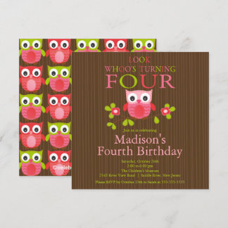 Cute Modern Owl 4th Birthday Party Invitations