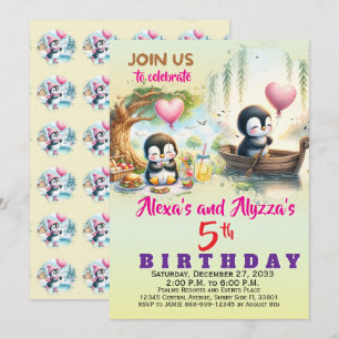 Cute Modern Party Animals Penguin Watercolor Invitation