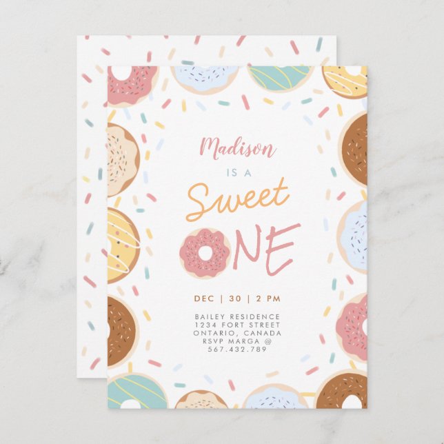 Cute Modern Pastel Doughnut Photo First Birthday Invitation Postcard (Front/Back)
