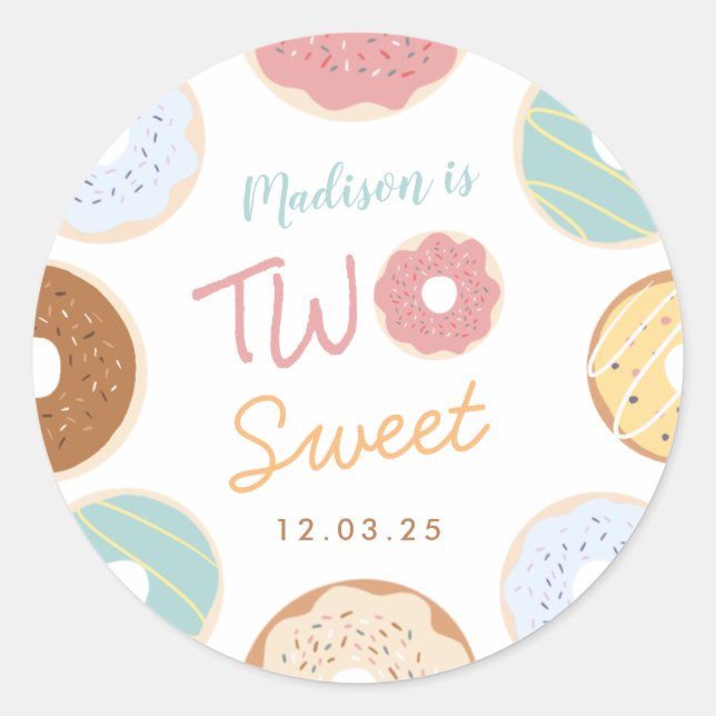 Cute Modern Pastel Doughnut Second Birthday Classic Round Sticker (Front)