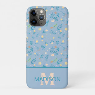 Cute Modern Pattern Floral Blue Vintage Monogram iPhone 11 Pro Case