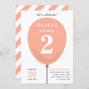 Cute Modern Peach Balloon - Girl 2nd Birthday Invitation