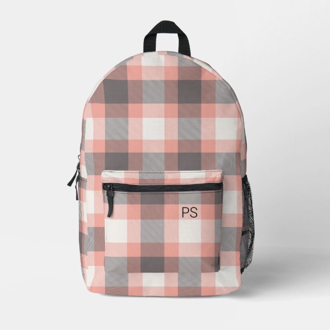 Cute Modern Peach Check Plaid Monogram Initials Printed Backpack (Front)