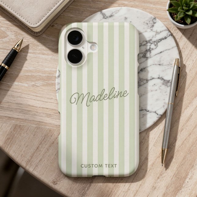 Cute Modern Personalized Coastal Sage Striped (Personalized phone case with soft sage green and white vertical stripes and your custom name)