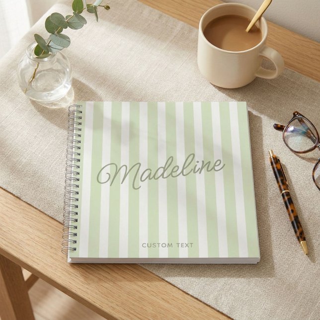Cute Modern Personalized Sage Green Striped Notebook (Personalized spiral notebook with soft sage green and white vertical stripes.)