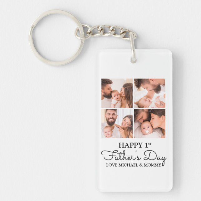 Cute Modern Photo Collage Happy First Fathers Day Keychain (Front)