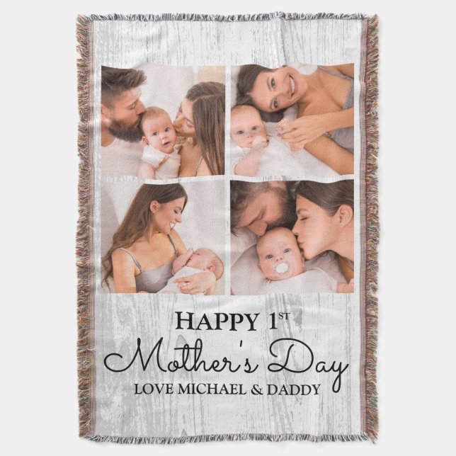 Cute Modern Photo Collage Happy First Mothers Day Throw Blanket (Front Vertical)