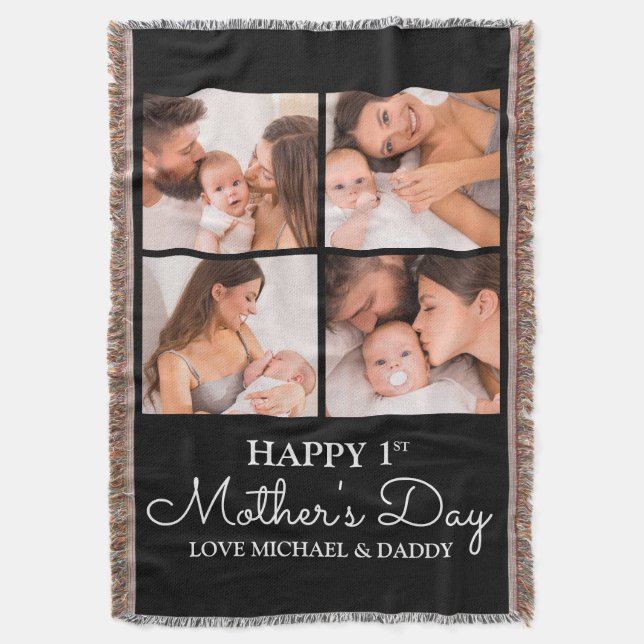 Cute Modern Photo Collage Happy First Mothers Day Throw Blanket (Front Vertical)