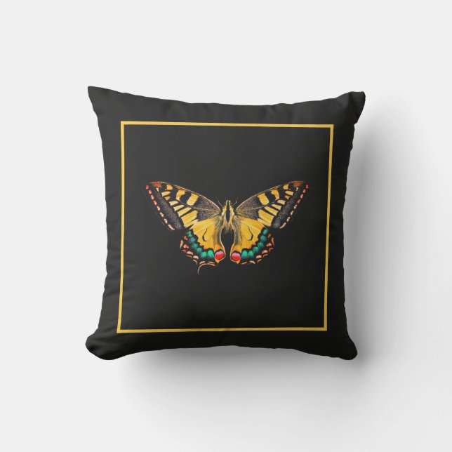 Cute Modern Photography Yellow Butterfly Black Outdoor Pillow (Front)
