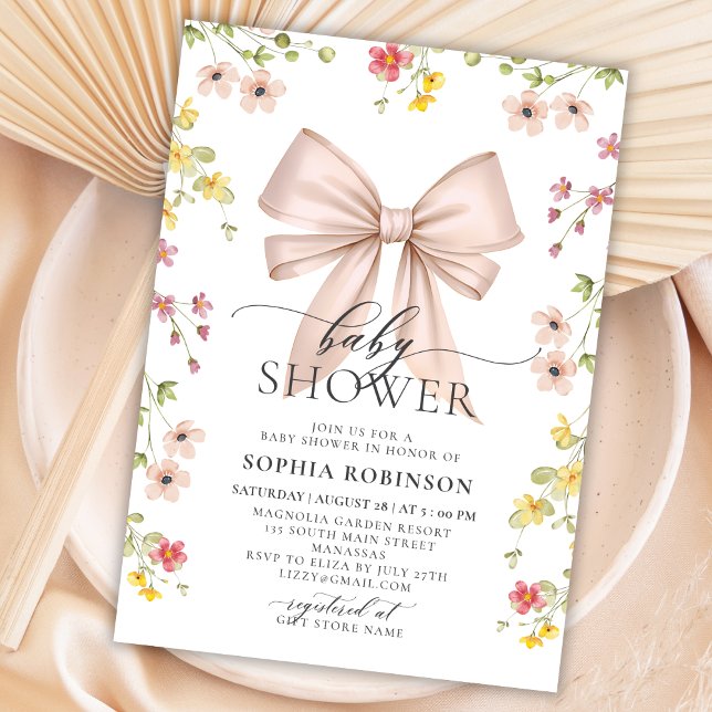 Cute Modern Pink Bow Wildflower Girl Baby Shower Invitation (Creator Uploaded)