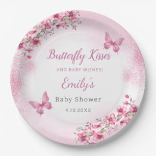 Cute Modern pink Floral Butterfly girl Baby Shower Paper Plate