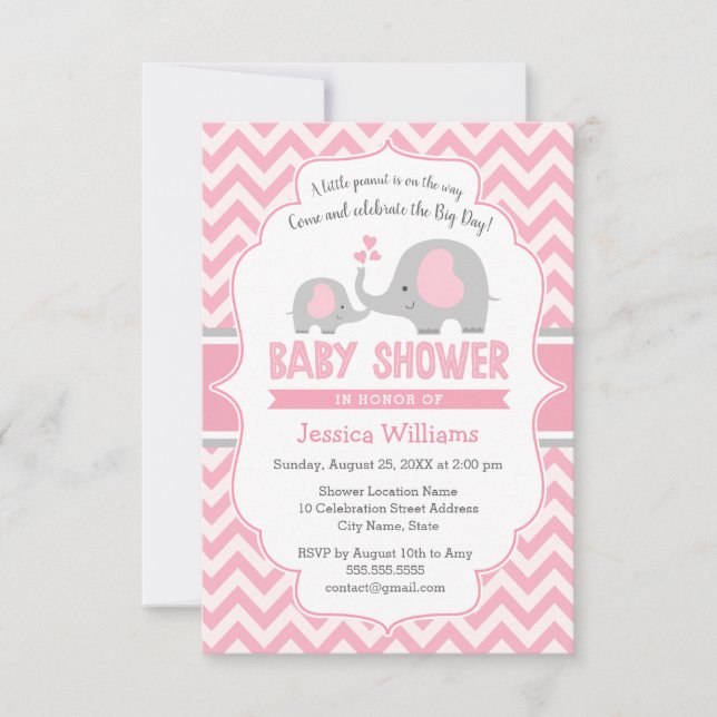 Cute Modern Pink Grey Elephant Girl Baby Shower Invitation (Front)