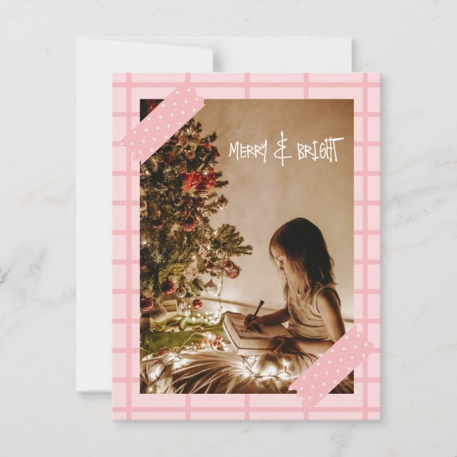 Cute Modern Pink Merry and Bright Christmas Photo Holiday Card (Front)