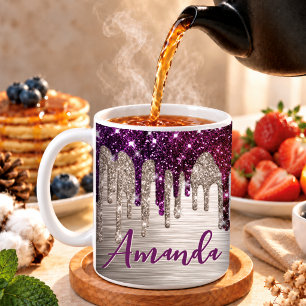 Cute modern Pink red Glitter Drips monogram Coffee Mug