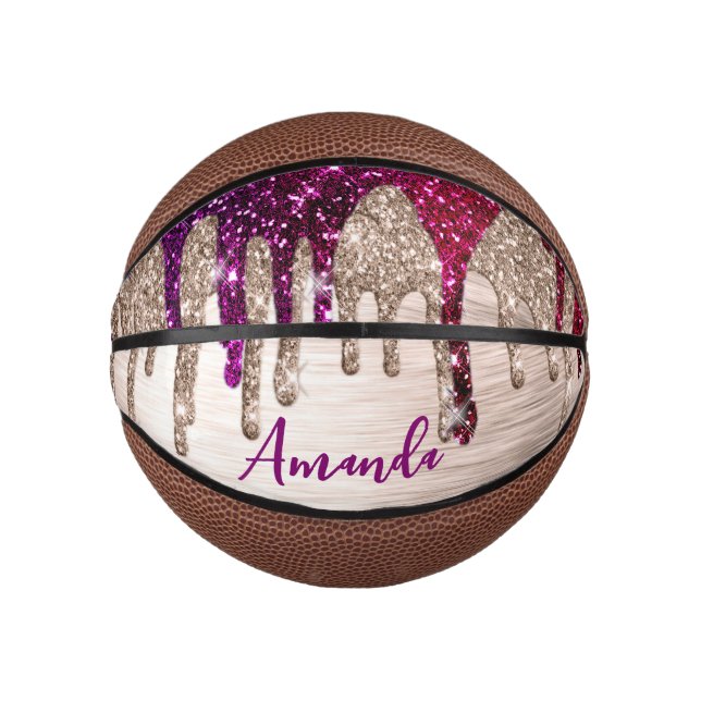 Cute modern Pink red Glitter Drips monogram Mini Basketball (Front)