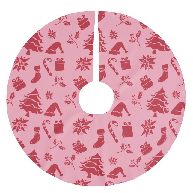 Cute Modern Pink Red Merry Christmas Pattern  Brushed Polyester Tree Skirt (Front)