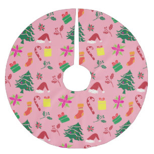 Cute Modern Pink Red Merry Christmas Pattern  Brushed Polyester Tree Skirt