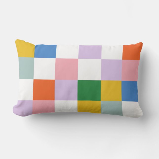 Cute Modern Playful Colourful Check Pattern Lumbar Pillow (Front)