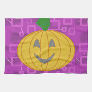 Cute Modern Pumpkin on Purple Geometric  Kitchen Towel