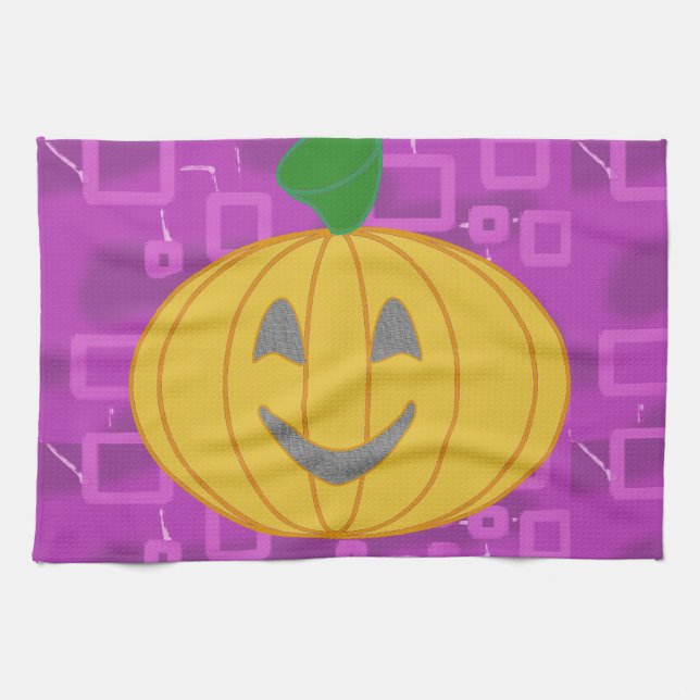 Cute Modern Pumpkin on Purple Geometric  Kitchen Towel (Horizontal)