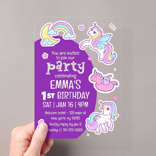 Cute Modern Rainbow Unicorns Kid's Birthday Party Acrylic Invitations (Insitu (Handheld))