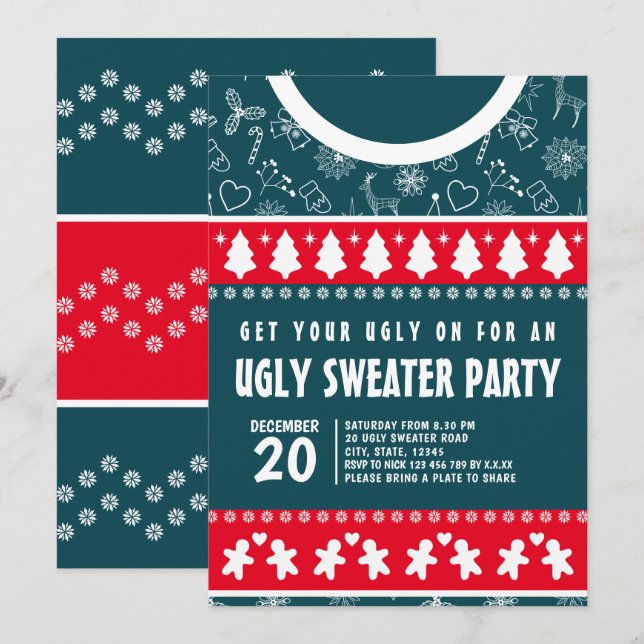 Cute Modern Red and Blue Ugly Sweater Xmas Party Invitation (Front/Back)