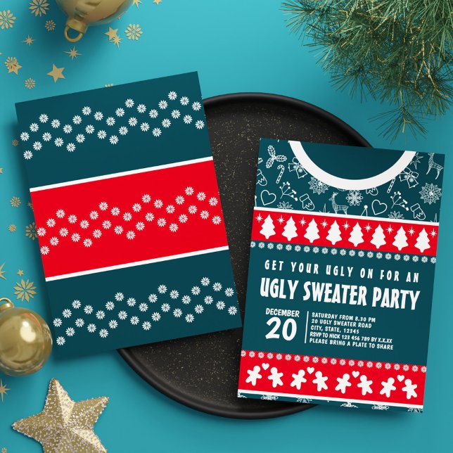 Cute Modern Red and Blue Ugly Sweater Xmas Party Invitation (Cute Modern Red and Blue Ugly Sweater Xmas Party Invitation)