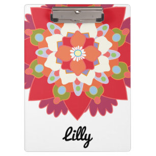 Cute Modern Red Floral Lotus Mandala Personalized Clipboard