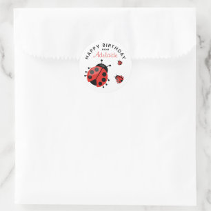Cute Modern Red Ladybug Happy Birthday Custom Classic Round Sticker