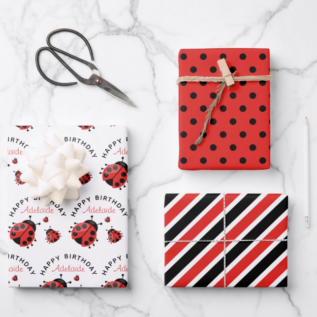 Cute Modern Red Ladybug Kids Wrapping Paper Sheet (Front)