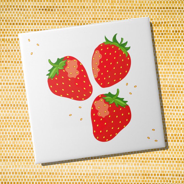 Cute Modern Red Strawberries Tile (Strawberries colorful ceramic wall tile)