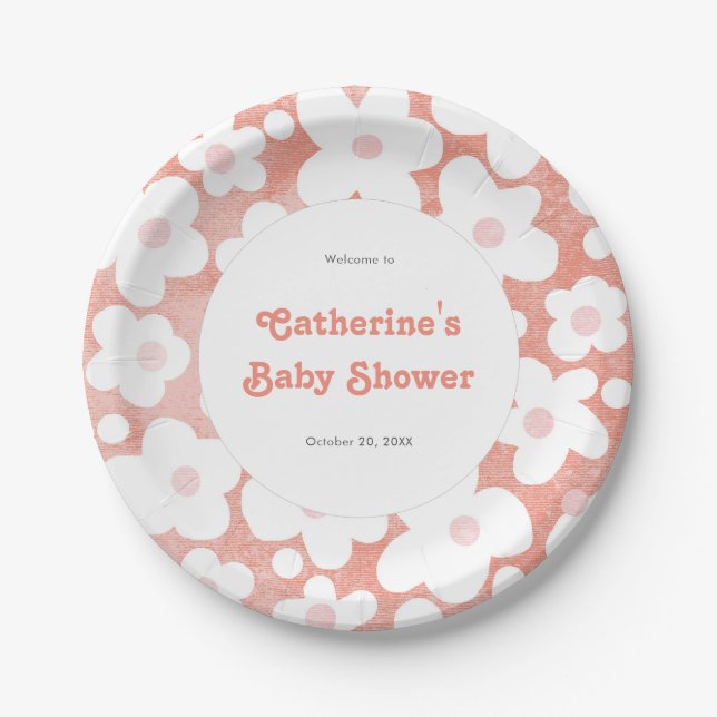 Cute Modern Retro Pink Daisy Floral  Paper Plate (Front)