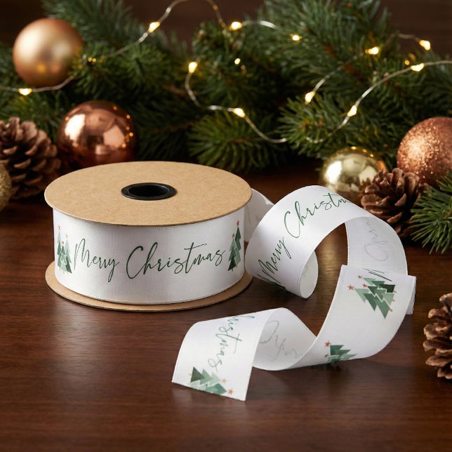 Cute Modern Rustic Christmas Trees Satin Ribbon (Creator Uploaded)
