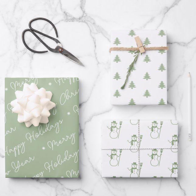 Cute Modern Sage Green Snowman Christmas Trees Wrapping Paper Sheet (Front)